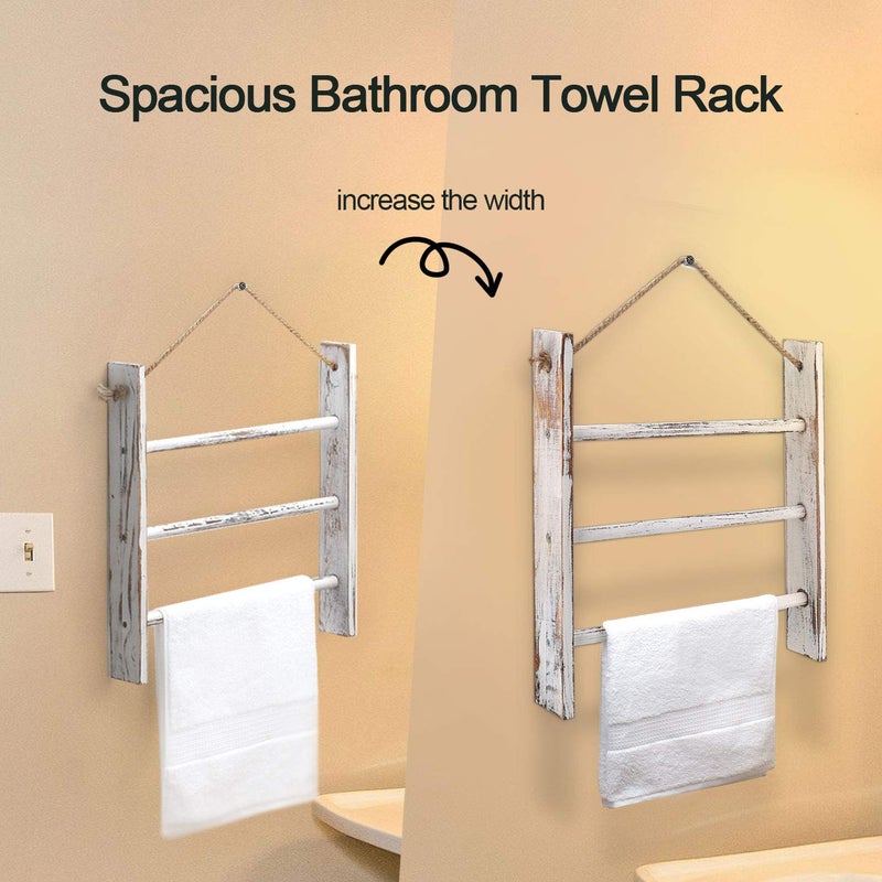 CuffUp Rustic Wood Ladder Hand Towel Rack for Bathroom, Farmhouse Blanket Ladder for Living Room Hanging Decorative Rack for Blankets Whitewashed Towel Rack with Rope (Whitewashed) - Image 3